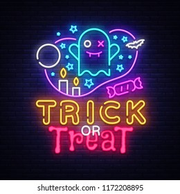 Halloween neon sign vector. Trick or treat Halloween Design template with ghost and web for banner, poster, greeting card, party invitation, light banner. Isolated illustration