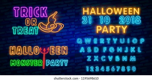 Halloween neon sign vector. Trick or treat Halloween Design template with ghost and web for banner, poster, greeting card, party invitation, light banner.