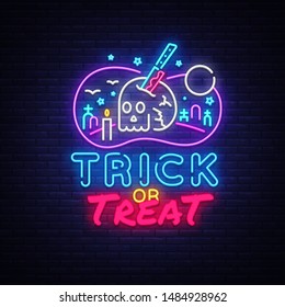 Halloween Neon sign Vector. Trick or Treat neon poster, design template, modern trend design, night signboard, night bright advertising, light banner, light art. Vector illustration