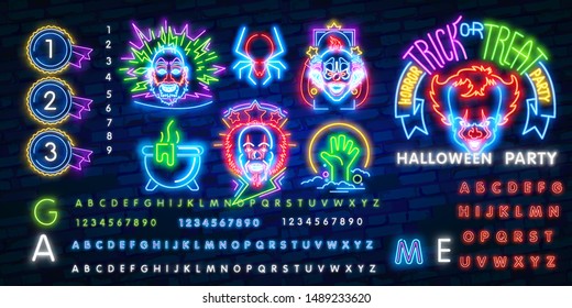 Halloween neon sign vector. Trick or treat Halloween Design template with ghost and web for banner, poster, greeting card, party invitation, light banner.