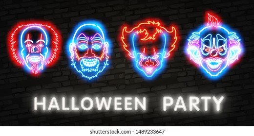 Halloween neon sign vector. Trick or treat Halloween Design template with ghost and web for banner, poster, greeting card, party invitation, light banner.