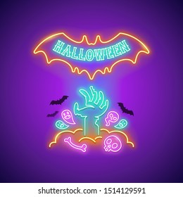 Halloween neon sign with zombie hand, bat shape, ghosts, bone and skull icon. Greeting card. Vector poster illustration for your holiday projects in retro-futuristic style.