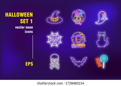 Halloween neon signs set. Glowing pumpkin, witch hat, black cat, skull. Night bright advertising. Vector illustration in neon style for festive party invitations, banners, posters design