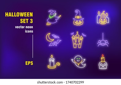 Halloween neon signs set. Glowing pumpkin, bats, candle, ghost. Night bright advertising. Vector illustration in neon style for spooky night, party invitations, banners, posters design