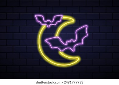 Halloween neon signs vector. Isolated neon sign of bat and moon for decoration and covering on the wall background. Concept of Happy Halloween.