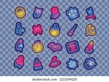 Halloween neon stickers bundle. Witch cat, spider and tombstone. Pumpkin, owl and castle. Candy, moon and ghost. Season holiday. Glowing signs set on transparent background. Vector illustration