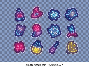 Halloween neon stickers collection. Pumpkin, ghost and castle. Moon, witch hat and spider. Season october holiday. Glowing effect signs set on transparent background. Vector stock illustration