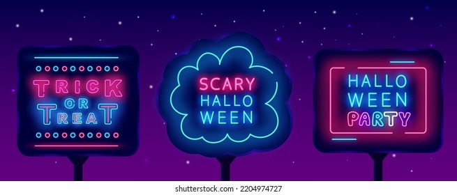 Halloween neon street billboards collection. Cloud frame. trick or treat banner Light advertisings set. Luminous greeting cards pack. Season october party. Shiny signboard. Vector stock illustration