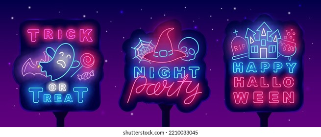 Halloween neon street billboards collection. Night party label. Ghost, witch hat and castle icons. Light advertisings set. Luminous greeting card. Season october party. Vector stock illustration
