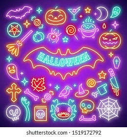 Halloween neon symbols with zombie hands, bat shapes, ghosts, bones, skulls, spiders, candies and other icons. For creating greeting card. Vector clip arts set for your holiday projects.