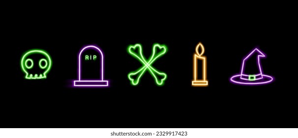 Halloween neon themed icon pack on black background vector illustration