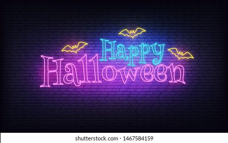 Halloween neon vector sign. Glowing Halloween neon typography with flying bats.