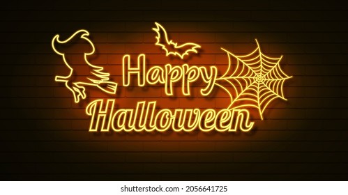 Halloween neon vector sign. Glowing Halloween neon typography with flying bats.