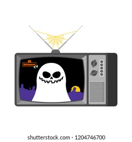 Halloween news old tv. Ghost broadcasting journalist. spook Anchorman in tv studio. Live broadcasting. 