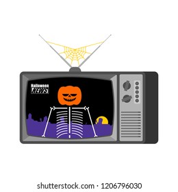 Halloween news old tv. Pumpkin broadcasting journalist. Skeleton Anchorman in tv studio. Live broadcasting. 