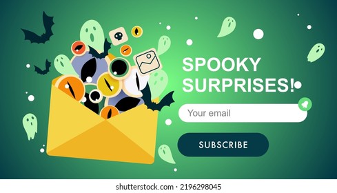 Halloween newsletter banner. Newsletter vector template. Paper envelope filled with spooky ghosts, eyes and bats. Template for website, mailing or print.