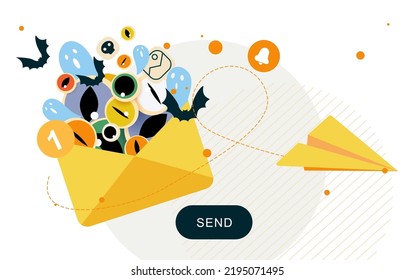 Halloween newsletter banner.Mailing vector template. Paper envelope filled with spooky ghosts, eyes and bats. Template for website, mailing or print.