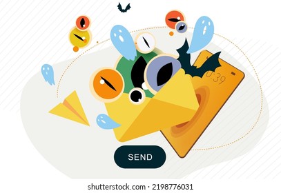 Halloween newsletter banner.Mailing vector template. Paper envelope and smartphone filled with spooky ghosts, eyes and bats. Template for website, mailing or print.