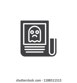Halloween newspaper with ghost vector icon. filled flat sign for mobile concept and web design. News paper simple solid icon. Symbol, logo illustration. Pixel perfect vector graphics