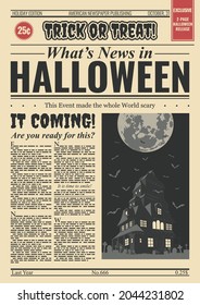 Halloween Newspaper Page, Old News Stylization, Haunted mansion, Full Moon, Bats