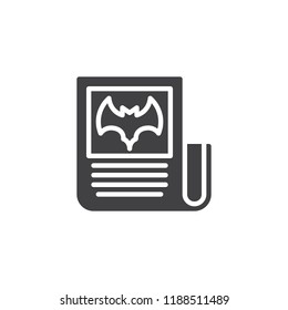 Halloween newspaper vector icon. filled flat sign for mobile concept and web design. News paper with bat simple solid icon. Symbol, logo illustration. Pixel perfect vector graphics