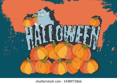 Halloween. A nice blue monster sits with orange pumpkins on a dark blue background in retro style.
				