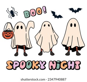 Halloween night 70s groovy vector illustration. Halloween hippie set. Retro halloween cute ghost. Vintage cartoon style. For sticker, scrapbook, social media posts, invitation, greeting card. 