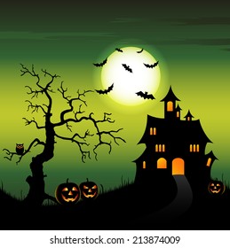 Halloween night backdrop with castle and pumpkins