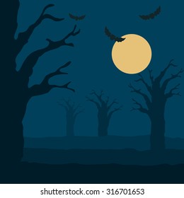 Halloween Night Background with Bald Tree, Bats, and Full Moon