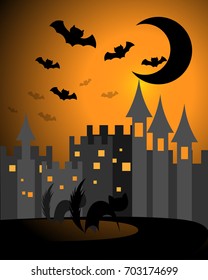 Halloween night background with bat, black cat and castle.