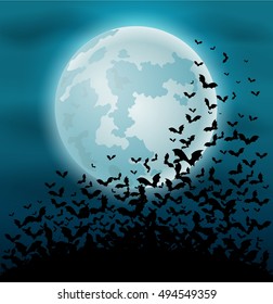 Halloween night background with bat and full moon