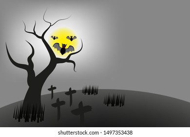 Halloween night background with bat tree cross grass and moon.