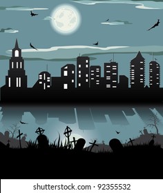 Halloween night background (bat,grave, gravestone, graveyard, moon, house, tree, town)