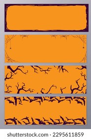 Halloween night background with bats, branches and spiders. Vector horizontal poster illustration with place for your text.
