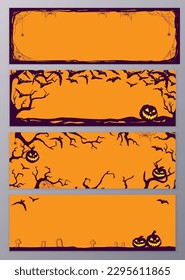 Halloween night background with bats, branches and Jack O' Lanterns. Vector poster illustration with place for your text.