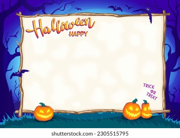Halloween night background with bats and Jack O' Lanterns and frame for your text. Vector horizontal poster with empty space