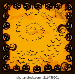 Halloween night background with bats and pumpkins, illustration.