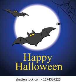 Halloween night background with bats, web and full moon
