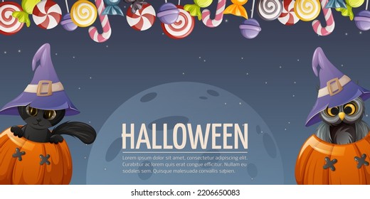 Halloween night background. Black cat and owl are inside pumpkins. Sorcery hat. Sweet treat decoration. Cartoon vector illustration. Space for text