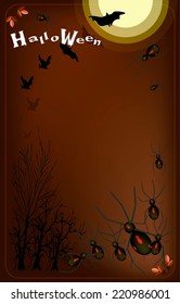 Halloween Night Background of Black Terrible Halloween Spiders with Halloween Bats in Halloween Celebration. 