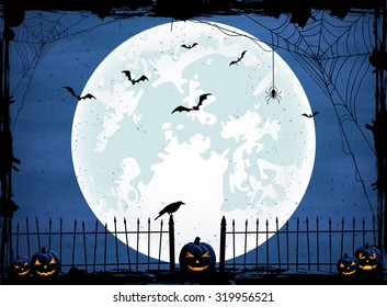 Halloween night background with blue Moon, pumpkins and crow, illustration