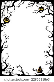 Halloween night background with branches and Jack O' Lanterns on white background. Vector poster illustration with place for your text.