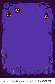 Halloween night background with branches and Jack O' Lanterns on purple background. Vector poster illustration with place for your text.