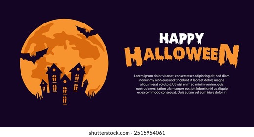 Halloween Night Background with Castle and bat on the Moonlight in Flat Cartoon with copy space area