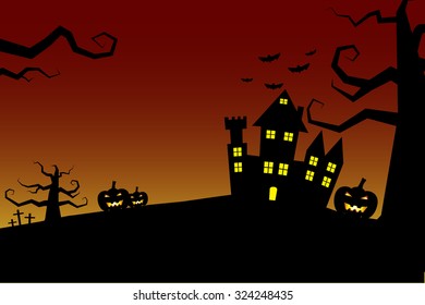 Halloween night background castle with bloody sky 