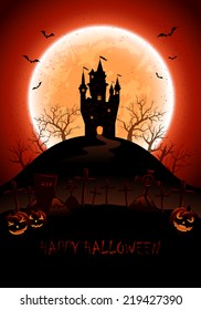 Halloween night background with castle, cemetery and full moon, illustration.