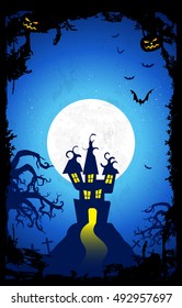 Halloween night background with Castle, creepy Tree, pumpkins, Bats and White Moon in the Back. Illustration EPS10