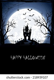 Halloween night background with castle, full Moon, cemetery and spider, illustration.