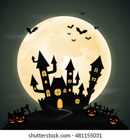 Halloween night background with the castle and full moon