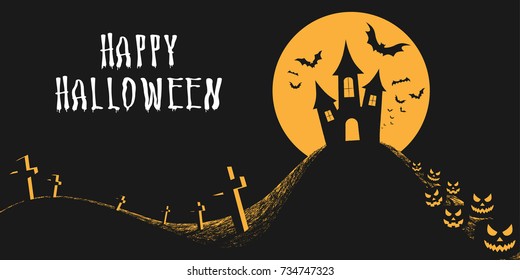 Halloween night background with castle, full moon, scary pumpkins, bats and graveyard. Happy halloween banner or greeting card. Vector illustration.